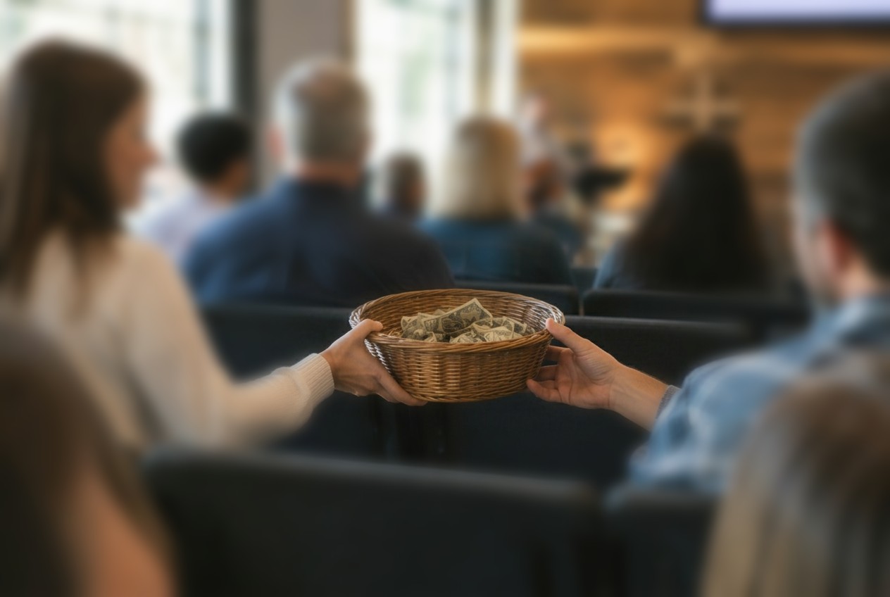 Congregation members passing a wicker offering basket during worship